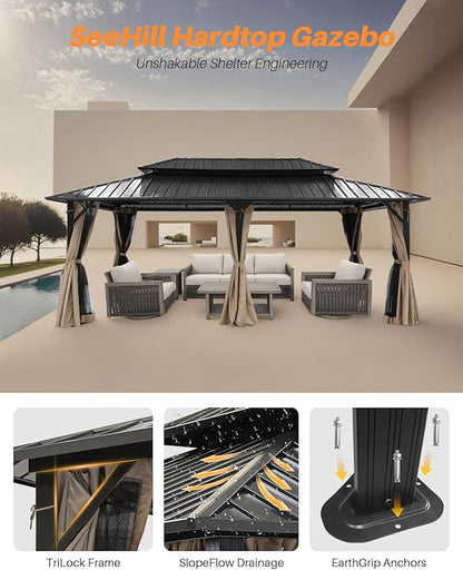 12' x 20' Hardtop Gazebo, Outdoor Patio Gazebo, Aluminum Frame Patio Hardtop Gazebos with Netting and Curtain, Outdoor Patio Pergola with Double Steel Roofs for Deck, Lawns, Parties, Sandstone