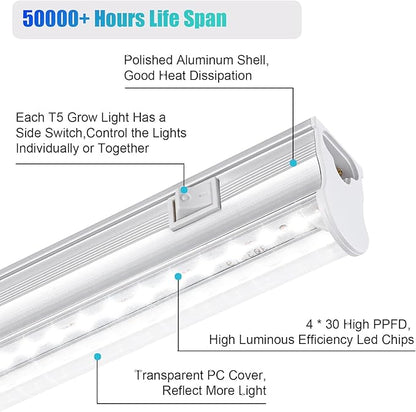 Hywymlait T5 Grow Lights for Indoor Plants, 5000K Full Spectrum, 1FT LED Growing Lamp, Plant Growing Light Strips for Greenhouse Seed Germination, Vegetable Planting, Plug and Use, 4 Pack