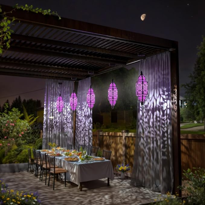 Twinkya Hanging Solar Lights Outdoor Garden Decorative Solar Lantern Waterproof Metal Moroccan Outdoor Decorations for Patio Pathway Yard Porch Backyard Garden Decor (Purple, 1 Pack)