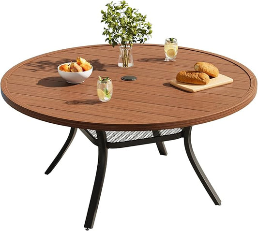 VICLLAX Round Patio Dining Table, 4-6 Person Metal Outdoor Dining Table with Umbrella Hole for Garden Lawn Deck, 47.2" Walnut