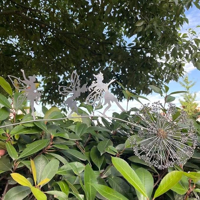 Flower Fairy Dancing with Dandelion Garden Art Sculpture Stainless Steel Statue Christmas Halloween Decoration for Outdoor Yard Courtyard Lawn Patio Metal Ornaments (Three Persons)