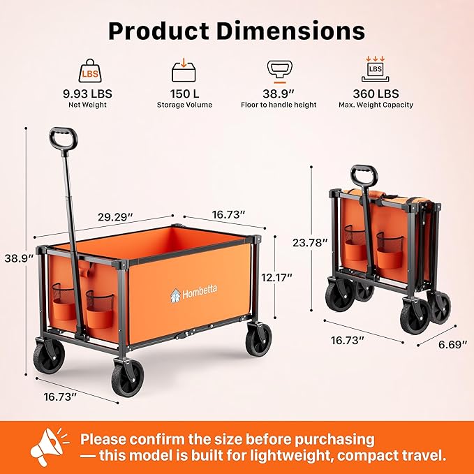 Collapsible Wagon Cart with Wheels, 150L Lightweight Foldable Utility Cart, Portable Rolling Wagon for Garden, Shopping, Sports, Camping, Transport, Orange
