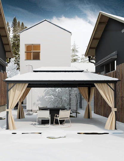 12'x16' Hardtop Gazebo - Aluminum Frame Permanent Pavilion with Curtains and Netting, Outdoor Double Metal Roof, Heavy Duty Poles for Patio, Deck, Backyard, Lawn, Garden