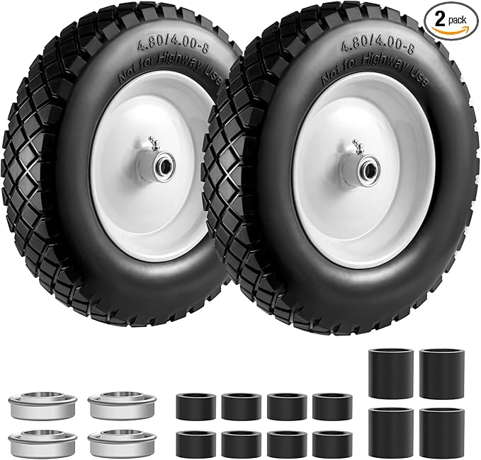 4.80/4.00-8" Tire and Wheel Flat Free 2 PCS, 16" Solid Wheelbarrow Tire with 5/8" & 3/4" Bearings,3"-7" Centered Hub, 14"-16" Universal Fit for Hand Truck/Garden Trailer/Trolley/Wagon