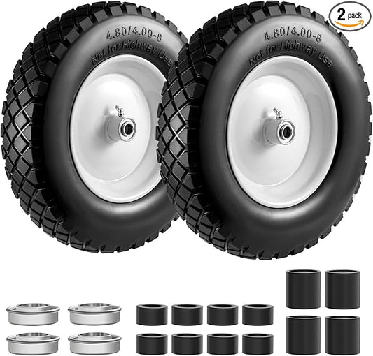 4.80/4.00-8" Tire and Wheel Flat Free 2 PCS, 16" Solid Wheelbarrow Tire with 5/8" & 3/4" Bearings,3"-7" Centered Hub, 14"-16" Universal Fit for Hand Truck/Garden Trailer/Trolley/Wagon