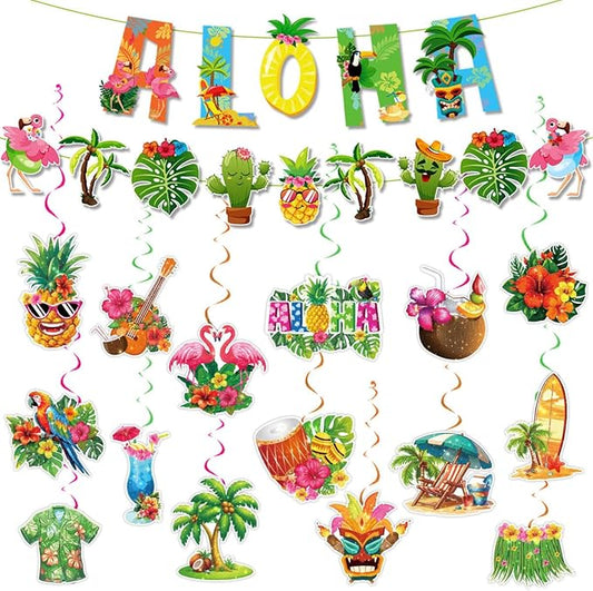 Hawaiian Party Hanging Decorations, Tropical Luau Hanging Swirls with Aloha Flamingo and Palm Tree Signs for Beach Pool Party Birthday Decor