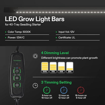 VIVOSUN 6-Pack Seed Starter Trays, 240-Cell Seed Starter Kit with 2 Set of LED Lights, 3.6" Higher Cover, Adjustable Vents, Drainage Holes, Green Propagation Tray for Planting Seed, 40 Cells x 6 Packs