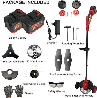 Electric Weed Wacker Cordless Weed Eater Battery Powered, 21V Stringless Grass Trimmer/Edger/Brush Cutter/Lawn Mower, 2 Battery with Wheel & Blades for Yard Garden