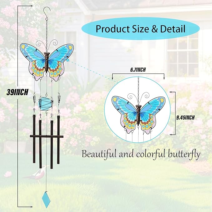 MUMTOP Butterfly Wind Chimes for Outside, Stained Glass Wind Chime Windchimes for Patio, Outdoor,Garden,Yard,Coastal,Window,Home Decor or Gifts for Women(Colorful)