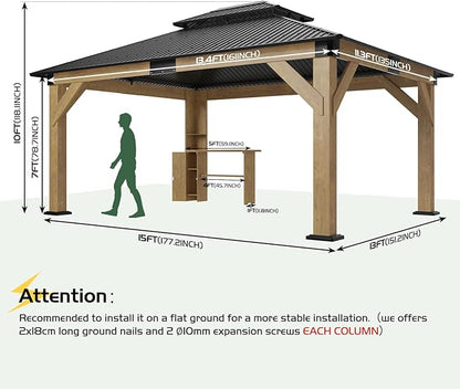 AMERLIFE 13x15 Hardtop Gazebo, Spruce Wood Gazebo with Storage Bar Counter, Outdoor Pavilion with Double Iron Roof, for Patio, Lawns, Garage, Black + Natural Wood