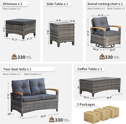 MEISSALIVVE 7 Pieces Patio Furniture Sets,PE Wicker Outdoor Conversation Sets with 2 Wood Armrests Swivel Rocker Chairs, 2 Ottoman, 2-seat Sofa and Coffee Table(Grey)