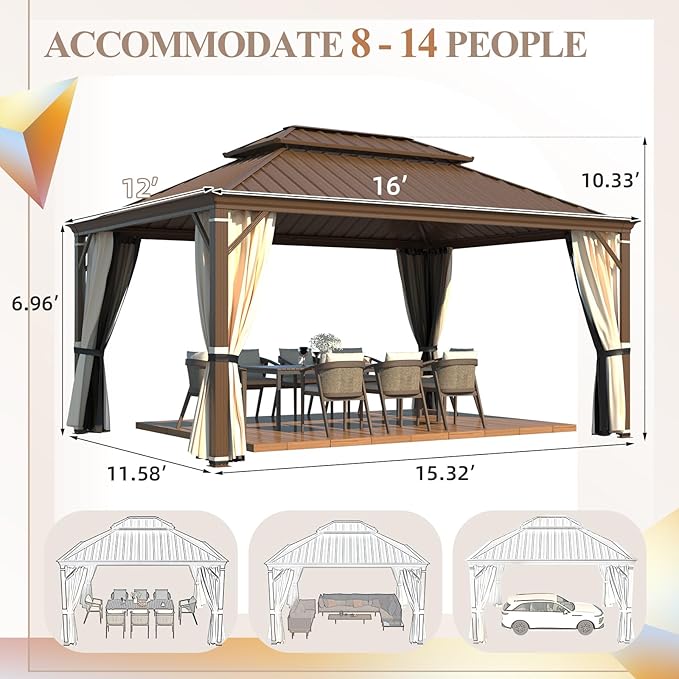 YOLENY 12'x16' Hardtop Gazebo, Wood Grain Aluminum Frame Outdoor Gazebo with Galvanized Steel Roof, Permanent Metal Pavilion with Curtains and Nettings for Patio, Backyard, Deck and Lawns