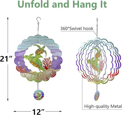 Turtle 3D Wind Spinner Kinetic Metal Art Hanging Wind Spinner Outdoor Decoration Ocean Ornaments Decor for Yard and Garden