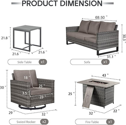 5 Piece Wicker Patio Furniture with Fire Pit Table - Outdoor Conversation Set with 50,000 BTU Fire Pit, All Weather Rattan Patio Set for Deck Backyard Garden - Grey Wicker Grey Cushion