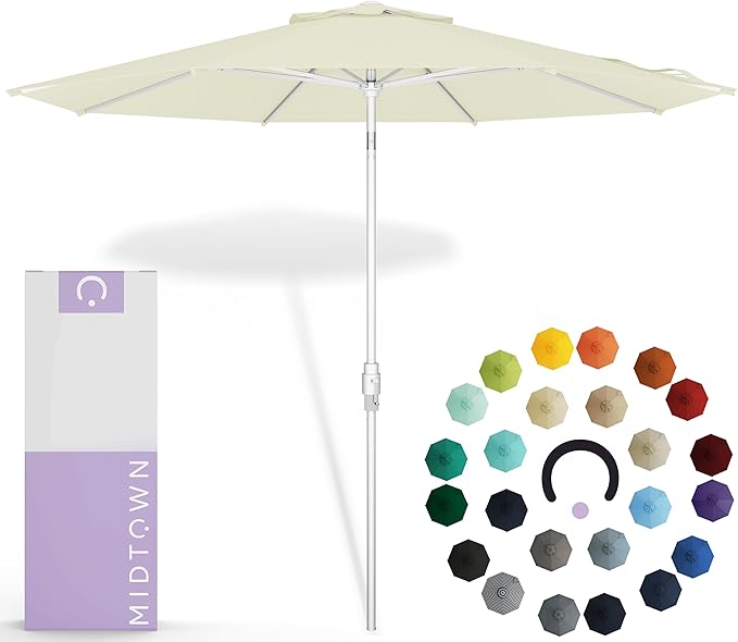 Midtown Umbrellas The Swilt 9 Feet Patio Umbrella in Sunbrella Canvas Natural Acrylic Fabric - Fiberglass Ribs, Auto-Tilt Aluminum Frame For Backyard, Deck, Garden, Pool - White Pole