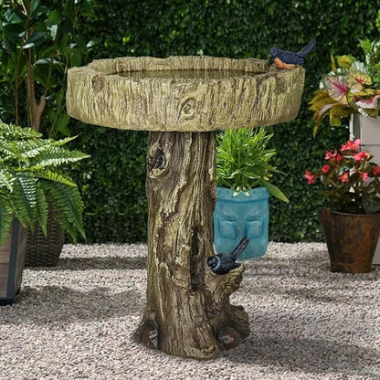 watnature 24.4” H Fibre Reinforced Concrete Outdoor Garden Bird Bath with Birds, Woodland Tree Trunk Decoration Yard Statue，Pedestal Birdbaths for Outdoors, Garden, Patio, Lawn, Backyard