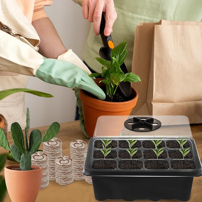 Halatool 4 Pack Seed Starter Tray with 50 PCS Peat Pellets, 48 Cells Black Seeding Starter Trays for Organic Seed Starter Soil Pods for Planting Vegetables Plants Flowers - Starting Seeds Kit