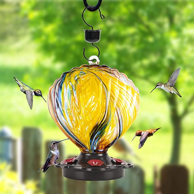 LUJII Seashell Shaped Hummingbird Feeder for Outside Hanging, Hand Blown Glass with Perches, Never Leak & Rustproof, Unique Gift for Women, Glass Art for Backyard Decor, 25 fl.oz, Ribbon