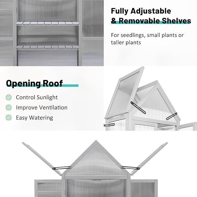 JOYBASE Wooden Mini Cold Frame Greenhouse for Outdoor with Adjustable Shelves, Opening Roof & Wall Mounts - Ideal for Patio, Balcony & Garden, Grey