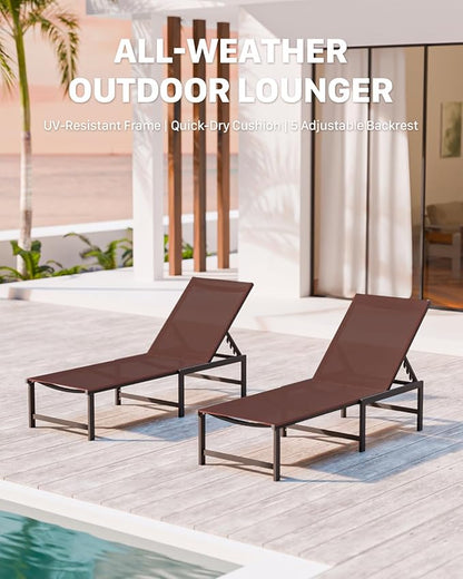 Chaise Lounge Chair Outdoor, Aluminum PatioChairs with 5 Adjustable Backrest and HeadrestPillows for Outside Beach，Brown