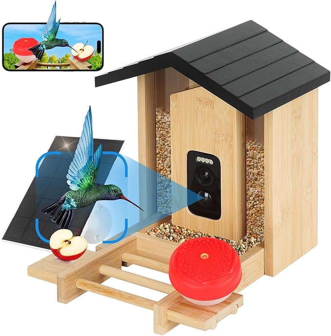 Smart Bird Feeder with Camera Solar Powered, 2.5K HD AI Identify 10000+ Species, Color Night Vision, 1.5L Bamboo Wood Feeder House Outside, Auto Capture & Notify, Ideal Gift for Bird Lovers