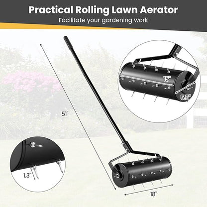 Goplus Rolling Lawn Aerator, 18-Inch Garden Yard Rotary Push Tine Filled Sand Stone, Heavy Duty Spike Soil Aeration w/Metal Handle, Fillable Drum 51" Manual Lawn Aeration Tool Garden Grass Patio Yard