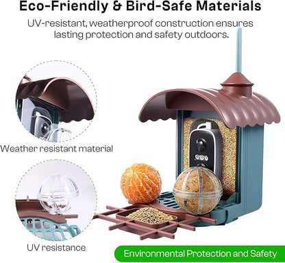 Smart Bird Feeder with Camera – AI Recognition, 130° Wide Angle, Solar & USB Powered, IP65 Waterproof, Motion Detection, Night Vision, Two-Way Audio, Cloud Storage–for Nature Lover (Bird Feeder)