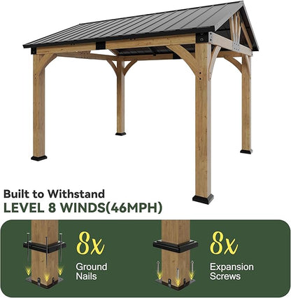 10x12 ft Wood Gazebo, Hardtop Gazebo with Galvanized Steel Peak Roof, Outdoor Pavilion for Snow Support, Wind Resistance, UV Protection, Shade for Garden, Patio, Deck
