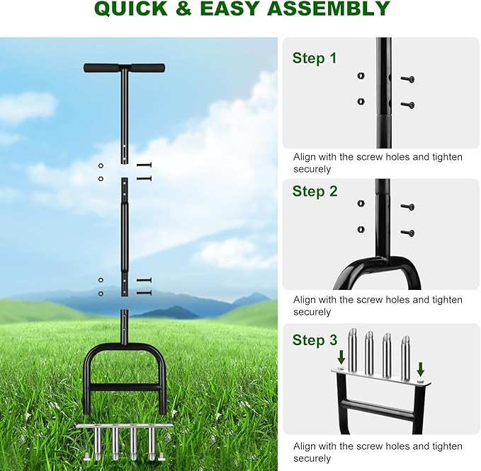 Lawn Core Aerator Tool Coring Grass Aerator Lawn Tool 4 Hollow Tines for Efficient Aeration Heavy Duty Steel Manual Plug Aerator for Lawn Care/Yard Soil Loosening/Grass Maintenance