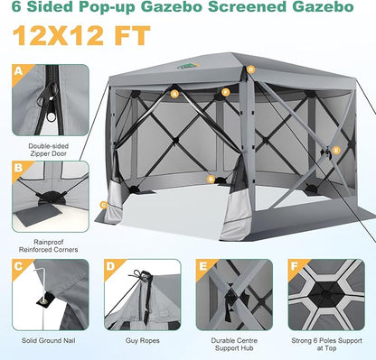 COBIZI 12x12 Pop up Gazebo Screen House Tent for Camping, Outdoor Canopy with Removable Roof&Mosquito Netting, Portable Hub with Carrying Bag and Ground Stakes, Grey