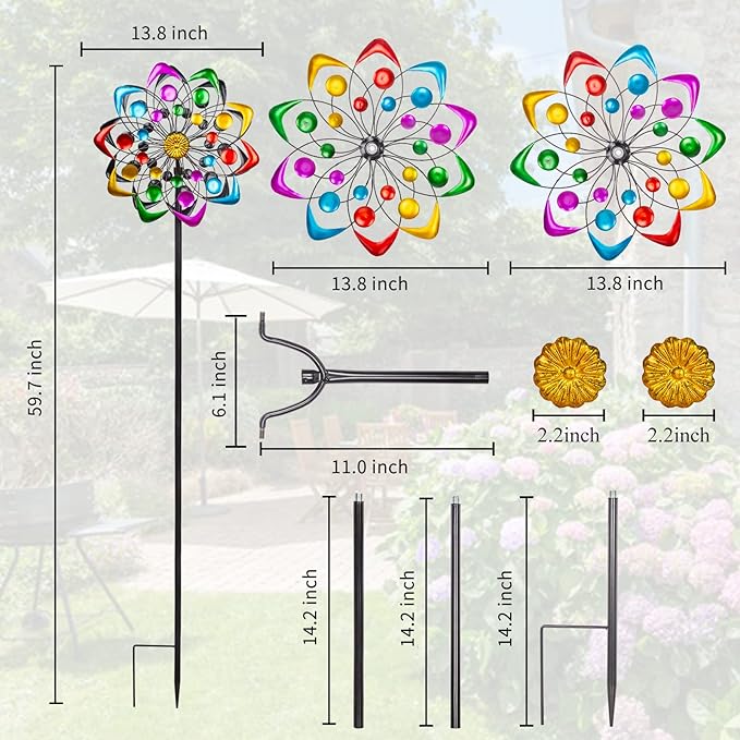 Viveta Kinetic Wind Spinner, 59 inch Outdoor Metal Windmills for Yard Garden, Double Wind Sculpture with Stable Stake, Multi-Color