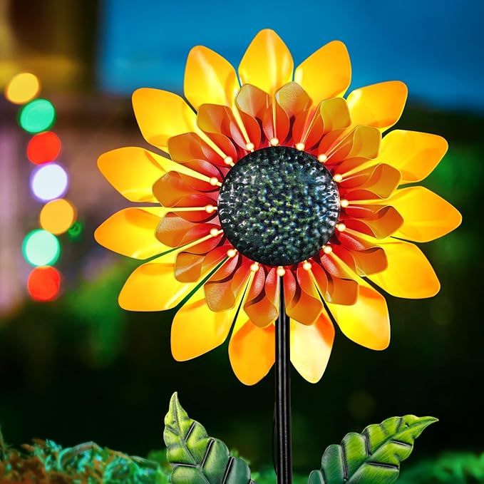 Sunflower Solar Wind Spinners for Yard and Garden - 52" Metal Windmill Ligths with LED Wind Sculptures with Stake for Lawn Patio Decor