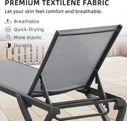 Domi Pool Lounge Chairs, Aluminum Patio Chaise Lounge Set of 2, 5 Position Adjustable Backrest and Wheels, All Weather Outdoor Lounge Chairs for Beach, Yard, Balcony, Poolside, Gray