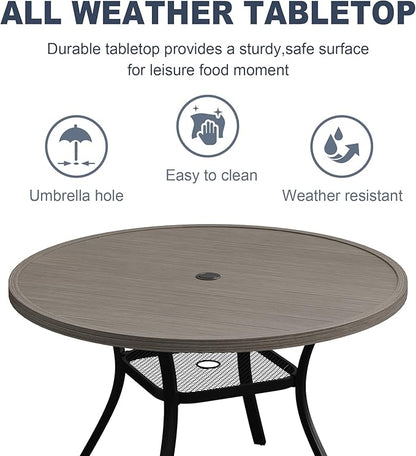 VICLLAX Round Patio Dining Table, 4-6 Person Metal Outdoor Dining Table with Umbrella Hole for Garden Lawn Deck, 47.2" Grey