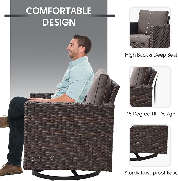 6 Piece Wicker Patio Furniture Set - Outdoor Swivel Rocker Chairs Set with Coffee Table, 3 Seat Sofa & Ottomans, Small Patio Conversation Sets Proch Furniture for Balcony Deck - Brown/Grey