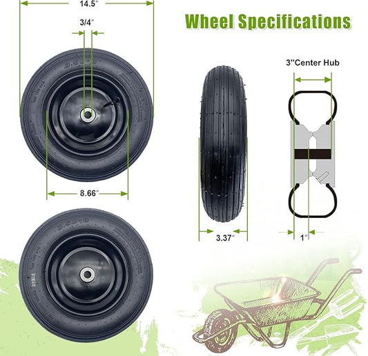 2-Pack 14.5-Inch Wheelbarrow Tire.3.50-8" Pneumatic Tires and wheels with 3"- 6" Center Hub and 3/4" Bushings for Wheelbarrow Lawn Mover Replacement.