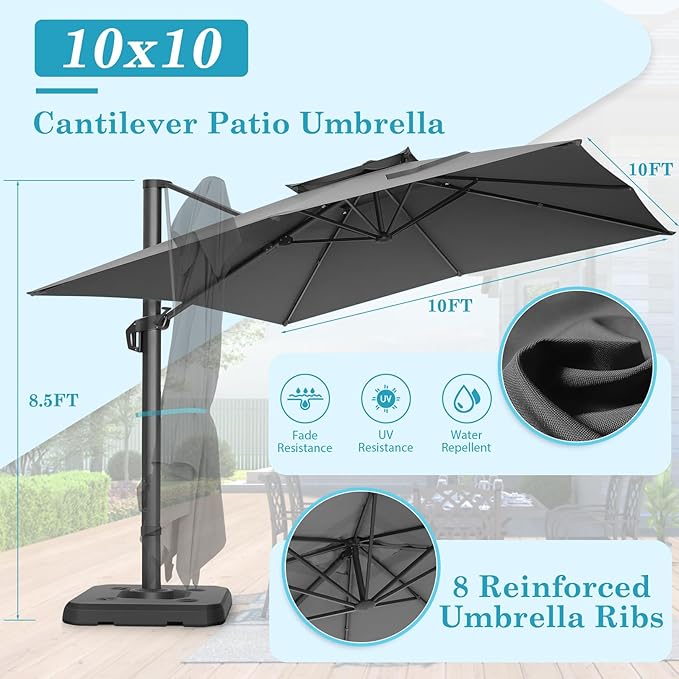 HOTIME10x10ft Patio Umbrella Cantilever Umbrella Double Top - Upgrade and Intensify - 360 Rotation and 5 Angles Adjustment - Aluminum Offset Pool Umbrella Outdoor Umbrellas for Patio Garden Deck Pool