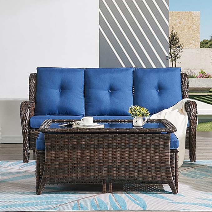 HUMMUH Patio Furniture 6 Pieces Outdoor Furniture Set Wicker Outdoor Sectional Sofa with Swivel Rocking Chairs,Patio Ottomans,Patio Coffee Table