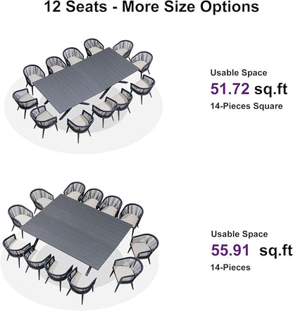 PURPLE LEAF Outdoor Dining Set for 12 All-Weather 14 Pieces Patio Aluminium Dining Large Table and Rope Weave Chairs Included Cushions for Backyard Deck Kitchen Modern Furniture Set Gray and Navy