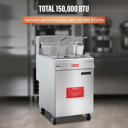 WESTLAKE Commercial Gas Deep Fryer, Stainless Steel Free Standing Floor Frye with Baskets 5 Tube 150000 BTU 70LB for Restaurants
