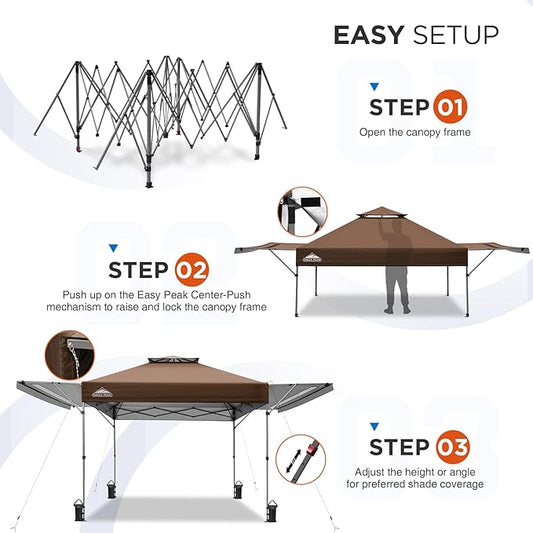 EAGLE PEAK 17x10 Pop up Gazebo Canopy Tent Outdoor Instant Canopy Shelter with Adjustable Dual Half Awnings (Brown)