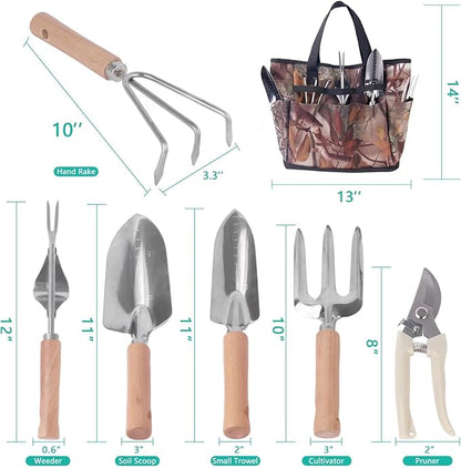 Garden Tool Set, 7 Pcs Floral Gardening Set for Women Leaf Camouflage Gardening Kit with Garden Tool Bag, Trowel, Weeder Fork, Hand Rake, Pruning Shears, Cultivator, Transplanter