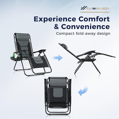 MAISON ARTS Padded Zero Gravity Lawn Chairs Set of 2 Foldable Recliner Anti Gravity Lounge Chairs w/Pillow & Cup Holder Outdoor Camp Chairs for Poolside Backyard Beach Support 350LBS Grey