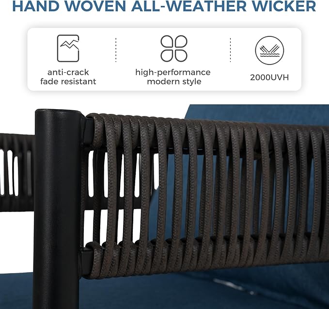 Grand patio Outdoor Dining Chairs Set of 4, 4 Pieces Patio Dining Chairs, Metal Woven Wicker Fixed Patio Chairs with Peacock Blue Cushions for Backyard, Deck, Garden, Porch, Lawn and Poolside (Brown)