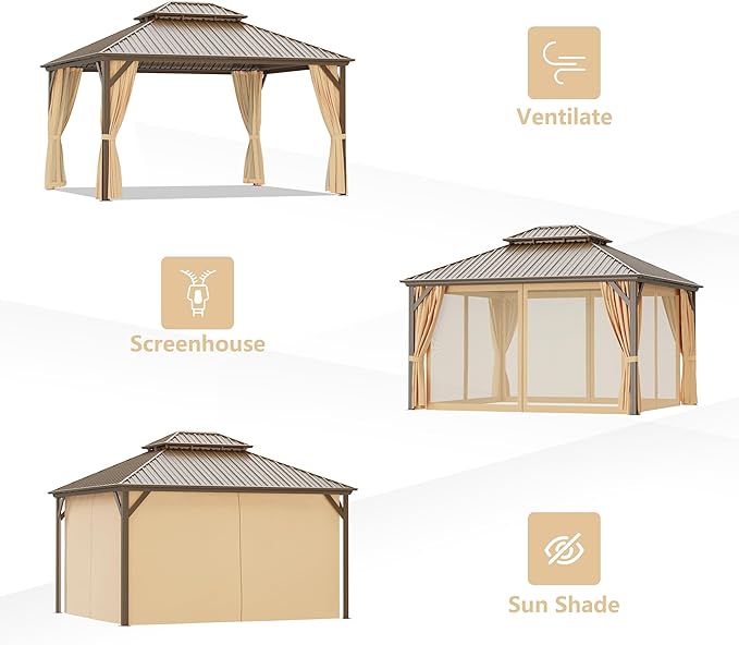 10'x14' Hardtop Gazebo, Outdoor Aluminum Patio Gazebo Double Roof Galvanized Steel Canopy with Netting and Curtains,for Garden, Patio, Backyard, Deck and Lawns.