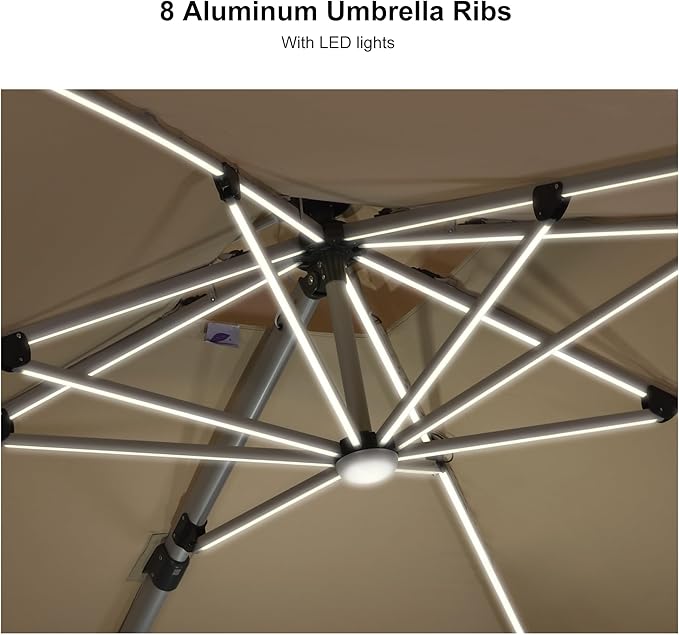 PURPLE LEAF 10 Feet Solar Powered LED Square Cantilever Umbrella With Base Patio Umbrellas Windproof Hanging Umbrella Outdoor Umbrellas Offset Umbrellas, Beige