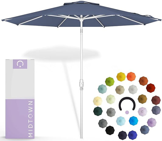 Midtown Umbrellas The Swilt 10 Feet Patio Umbrella in Terylast Light Navy Polyester Fabric - Fiberglass Ribs, Auto-Tilt Aluminum Frame For Backyard, Deck, Garden, Pool - White Pole