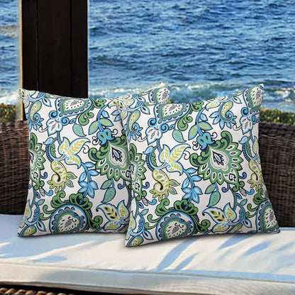 Magpie Fabrics Pack of 2 Outdoor Waterproof Throw Pillow Covers 18 x 18 Inch, Christmas Decorative Cushion Sham Pillowcase Shell for Garden Patio Tent Balcony Couch Sofa(Floral Blue Green)