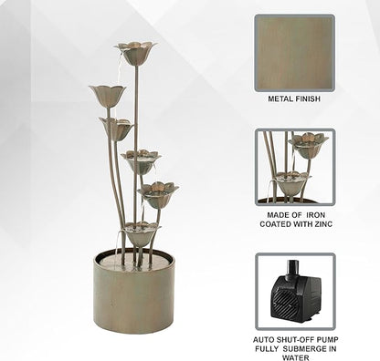 XBrand Metal Sculptural Multi-Tiered Flower Water Fountain, No LED Lights, Silver, 35" Tall