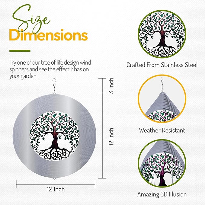 ISEO Tree of Life Wind Spinner for Yard and Garden, Hanging Outdoor Decor, Yard Art, Porch and Patio Decorations, Metal Wind Spinners Outdoor, Weather Resistant, 12”